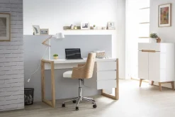 Chaise de bureau à roulettes design blanc, bois clair et acier chromé MAYOL