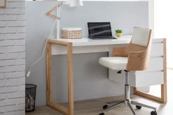 Chaise de bureau à roulettes design blanc, bois clair et acier chromé MAYOL