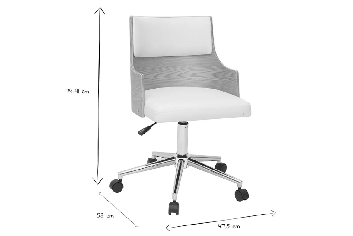 Chaise de bureau à roulettes design blanc, bois clair et acier chromé MAYOL