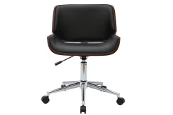 Chaise de bureau à roulettes design noir, bois foncé noyer et acier chromé RUBBENS