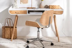 Chaise de bureau à roulettes design noir, bois foncé noyer et acier chromé RUBBENS