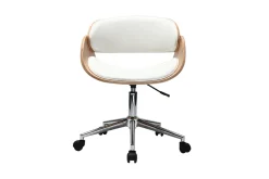 Chaise de bureau à roulettes design blanc, bois clair et acier chromé BENT