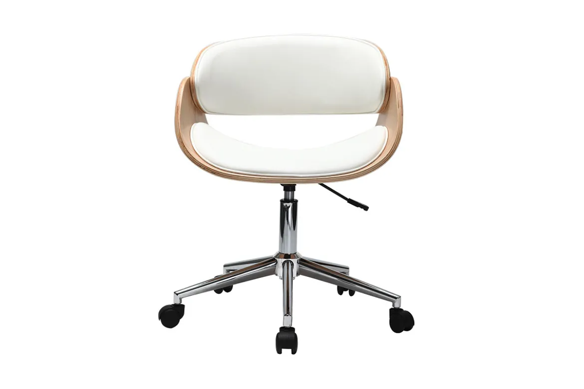 Chaise de bureau à roulettes design blanc, bois clair et acier chromé BENT