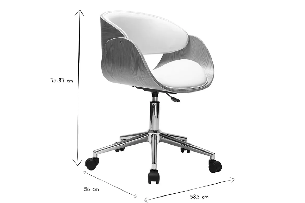 Chaise de bureau à roulettes design blanc, bois clair et acier chromé BENT