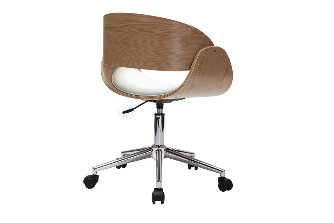 Chaise de bureau à roulettes design blanc, bois clair et acier chromé BENT