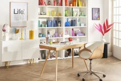 Chaise de bureau à roulettes design blanc, bois clair et acier chromé BENT