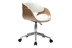 Chaise de bureau à roulettes design blanc, bois clair et acier chromé BENT