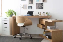 Chaise de bureau à roulettes design blanc, bois clair et acier chromé BENT