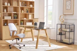 Chaise de bureau à roulettes design en tissu gris clair, bois clair et acier chromé YORKE