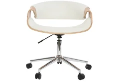Chaise de bureau à roulettes design blanc, bois clair et acier chromé ARAMIS