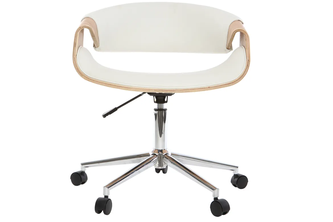 Chaise de bureau à roulettes design blanc, bois clair et acier chromé ARAMIS