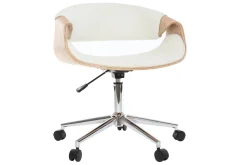 Chaise de bureau à roulettes design blanc, bois clair et acier chromé ARAMIS