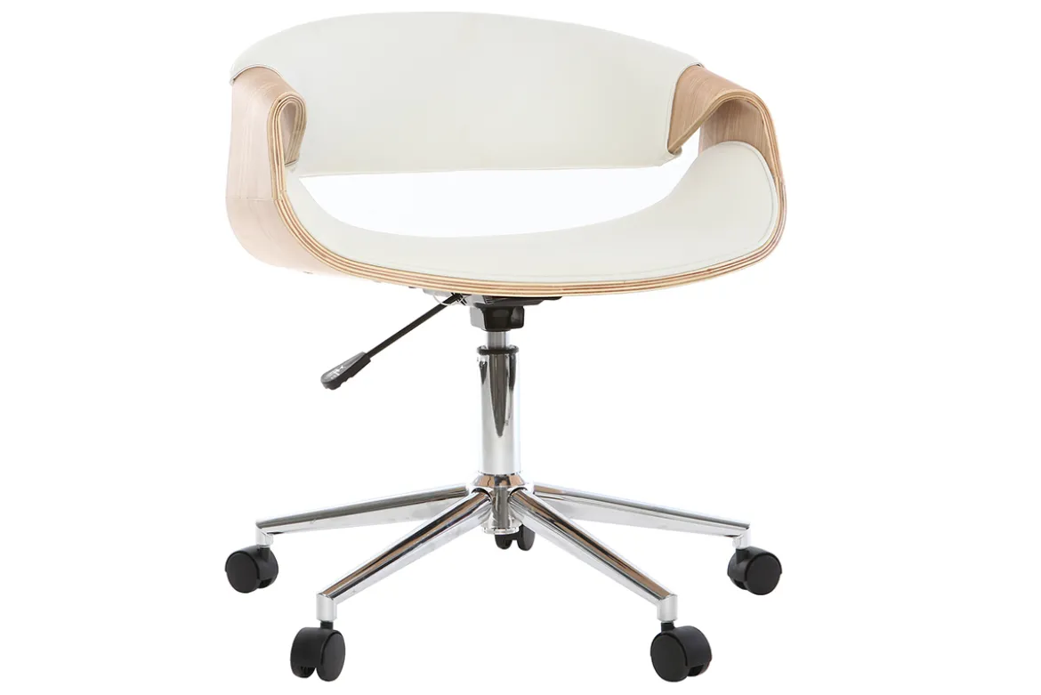 Chaise de bureau à roulettes design blanc, bois clair et acier chromé ARAMIS