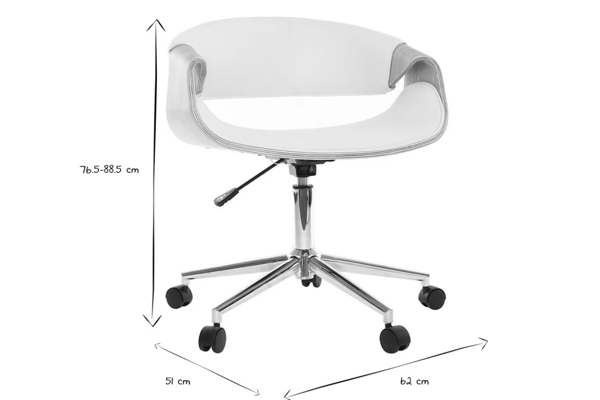 Chaise de bureau à roulettes design blanc, bois clair et acier chromé ARAMIS