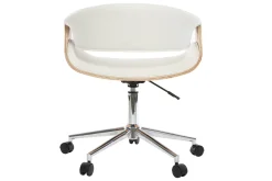 Chaise de bureau à roulettes design blanc, bois clair et acier chromé ARAMIS