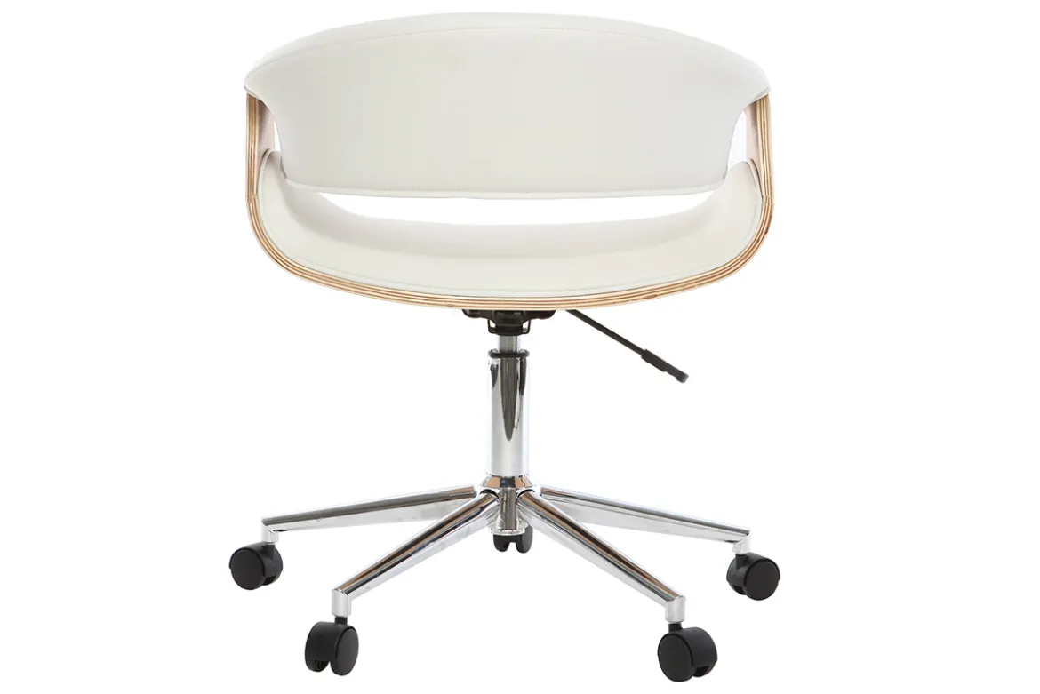 Chaise de bureau à roulettes design blanc, bois clair et acier chromé ARAMIS