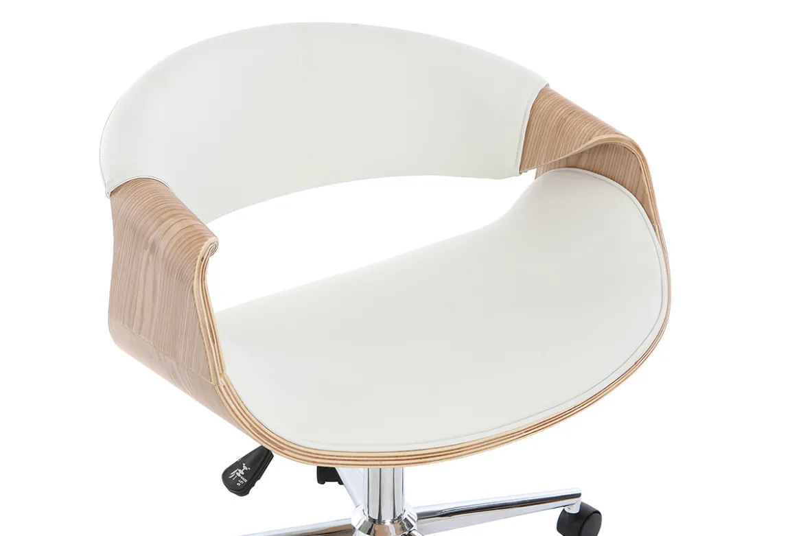 Chaise de bureau à roulettes design blanc, bois clair et acier chromé ARAMIS