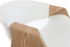 Chaise de bureau à roulettes design blanc, bois clair et acier chromé ARAMIS