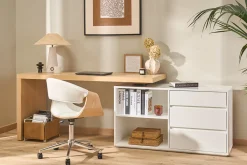 Chaise de bureau à roulettes design blanc, bois clair et acier chromé ARAMIS