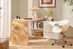 Chaise de bureau à roulettes design blanc, bois clair et acier chromé ARAMIS
