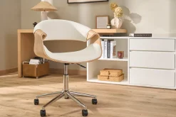 Chaise de bureau à roulettes design blanc, bois clair et acier chromé ARAMIS