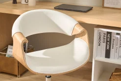 Chaise de bureau à roulettes design blanc, bois clair et acier chromé ARAMIS
