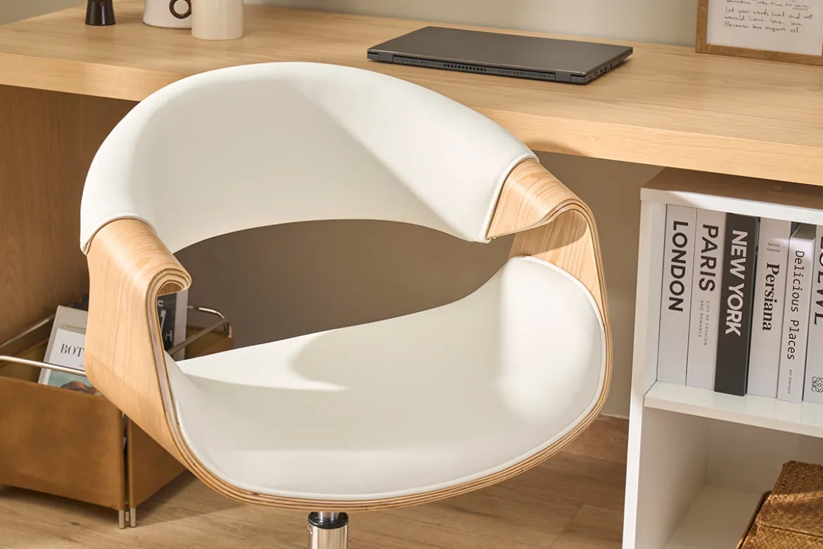 Chaise de bureau à roulettes design blanc, bois clair et acier chromé ARAMIS