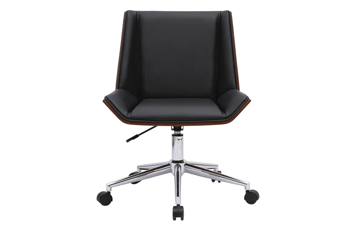 Chaise de bureau à roulettes design noire, bois foncé et acier chromé MELKIOR