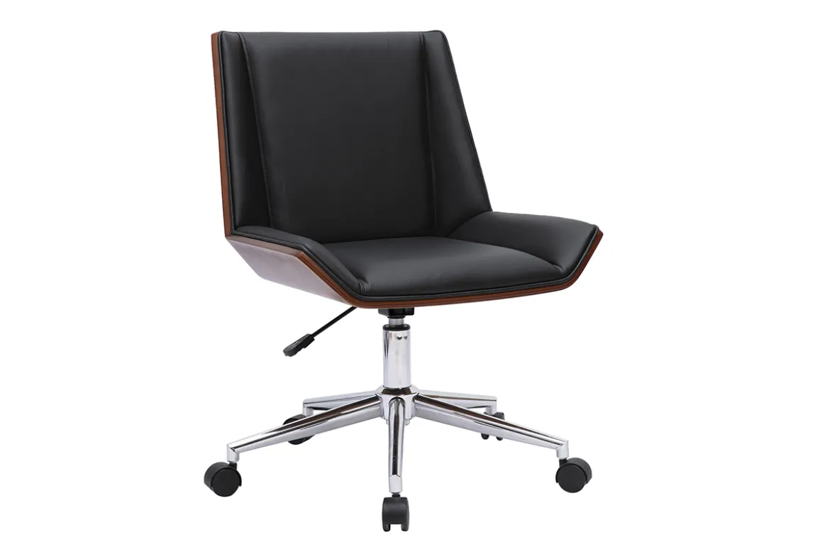 Chaise de bureau à roulettes design noire, bois foncé et acier chromé MELKIOR