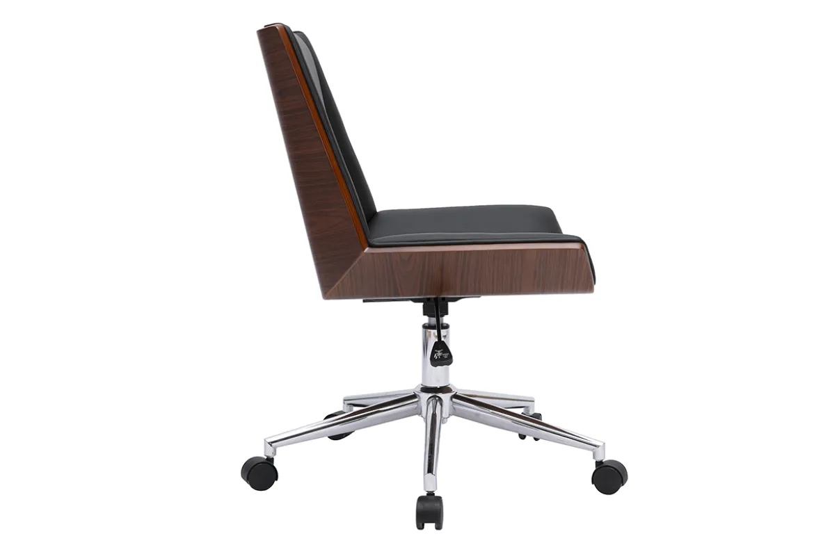 Chaise de bureau à roulettes design noire, bois foncé et acier chromé MELKIOR