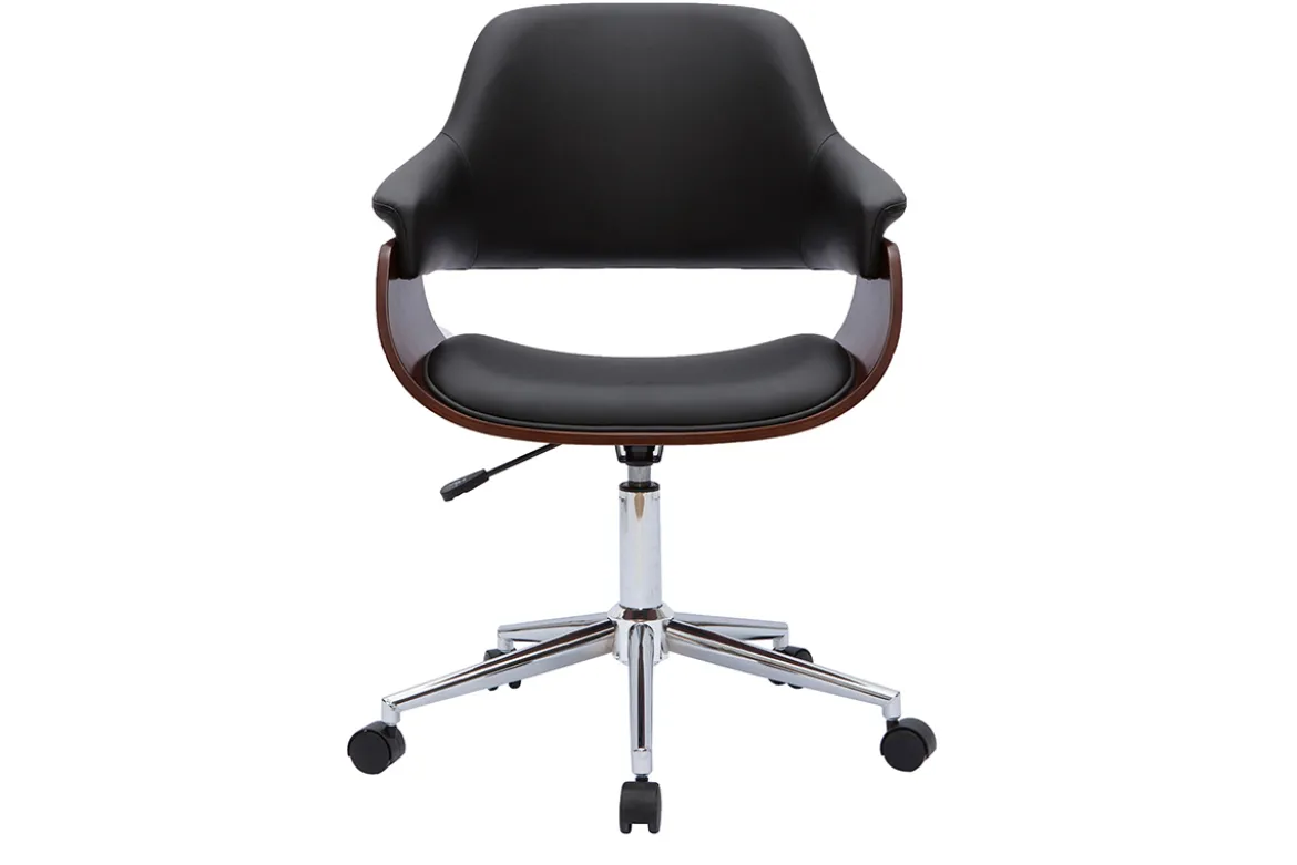 Chaise de bureau à roulettes design noir, bois foncé noyer et acier chromé HANSEN