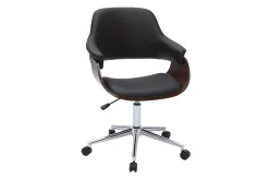 Chaise de bureau à roulettes design noir, bois foncé noyer et acier chromé HANSEN