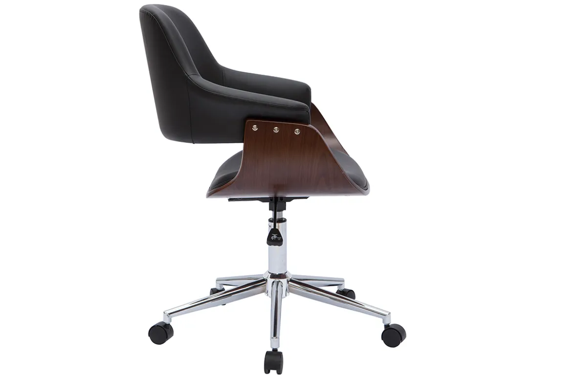 Chaise de bureau à roulettes design noir, bois foncé noyer et acier chromé HANSEN