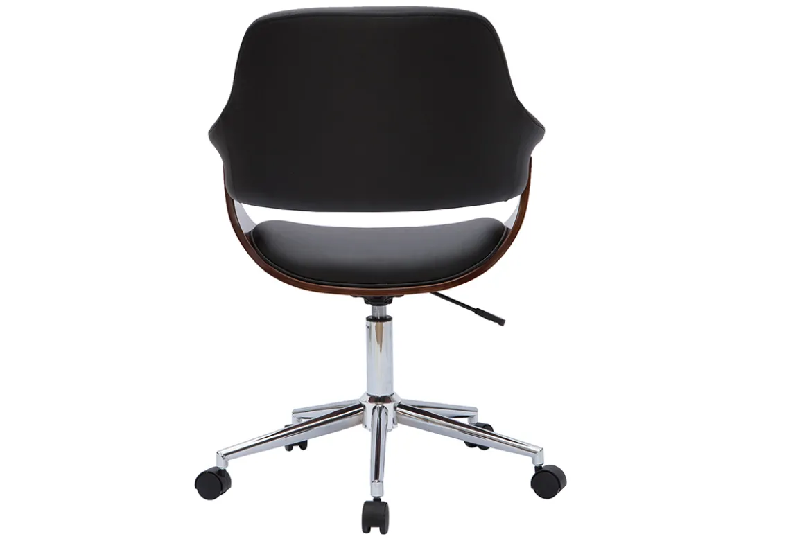 Chaise de bureau à roulettes design noir, bois foncé noyer et acier chromé HANSEN
