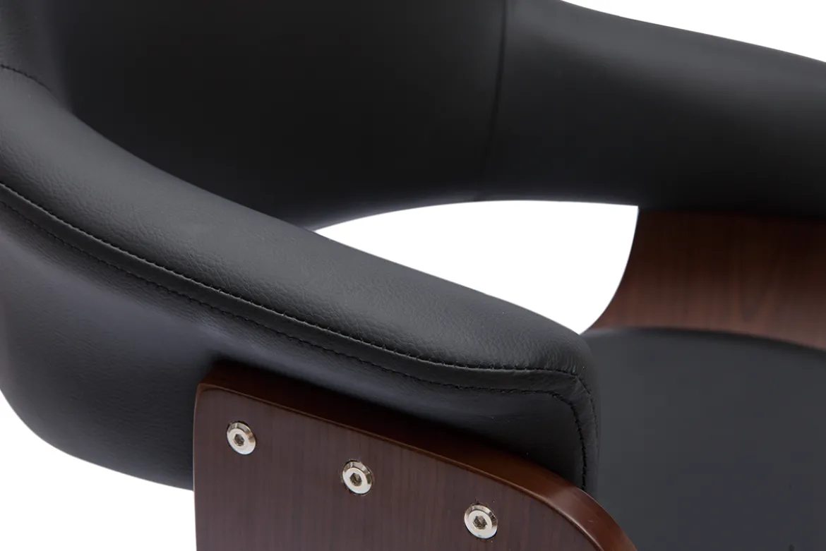 Chaise de bureau à roulettes design noir, bois foncé noyer et acier chromé HANSEN