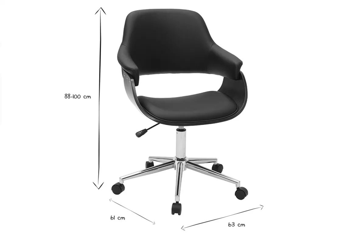 Chaise de bureau à roulettes design noir, bois foncé noyer et acier chromé HANSEN