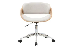 Chaise de bureau à roulettes design en tissu effet velours texturé beige, bois clair et acier chromé BENT