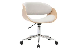 Chaise de bureau à roulettes design en tissu effet velours texturé beige, bois clair et acier chromé BENT