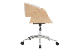 Chaise de bureau à roulettes design en tissu effet velours texturé beige, bois clair et acier chromé BENT