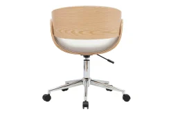 Chaise de bureau à roulettes design en tissu effet velours texturé beige, bois clair et acier chromé BENT
