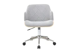 Chaise de bureau à roulettes design en tissu effet velours texturé gris, bois clair et acier chromé SANDRO