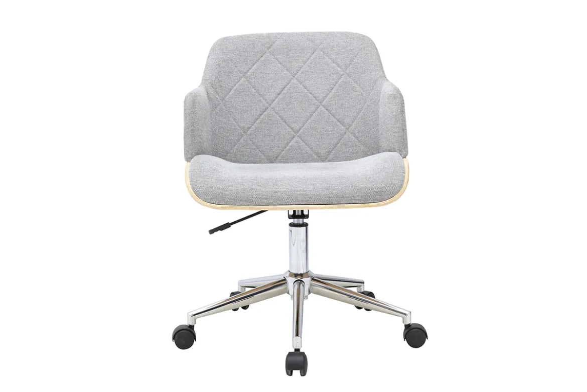 Chaise de bureau à roulettes design en tissu effet velours texturé gris, bois clair et acier chromé SANDRO