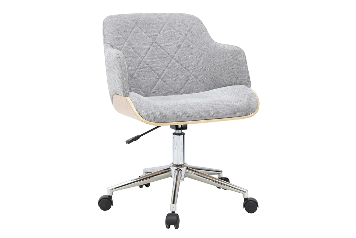 Chaise de bureau à roulettes design en tissu effet velours texturé gris, bois clair et acier chromé SANDRO