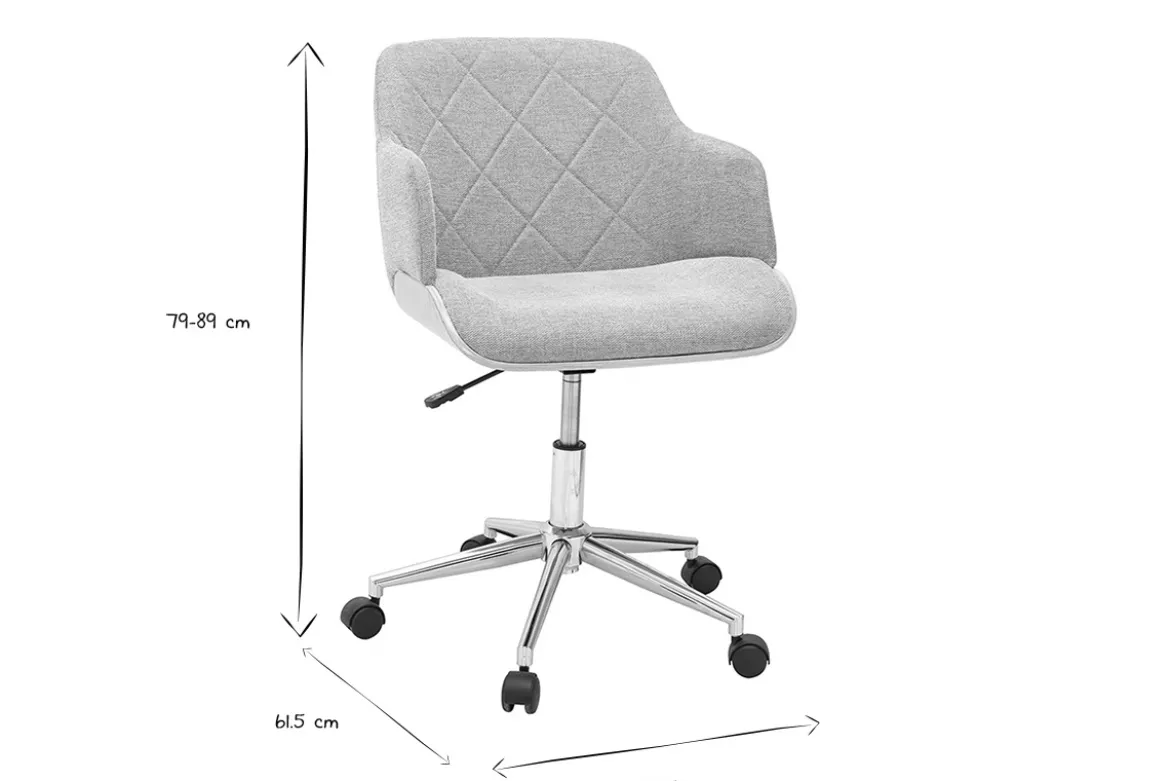 Chaise de bureau à roulettes design en tissu effet velours texturé gris, bois clair et acier chromé SANDRO