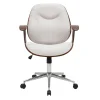 Chaise de bureau à roulettes design en tissu effet velours texturé beige, bois foncé et acier chromé YORKE