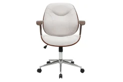 Chaise de bureau à roulettes design en tissu effet velours texturé beige, bois foncé et acier chromé YORKE