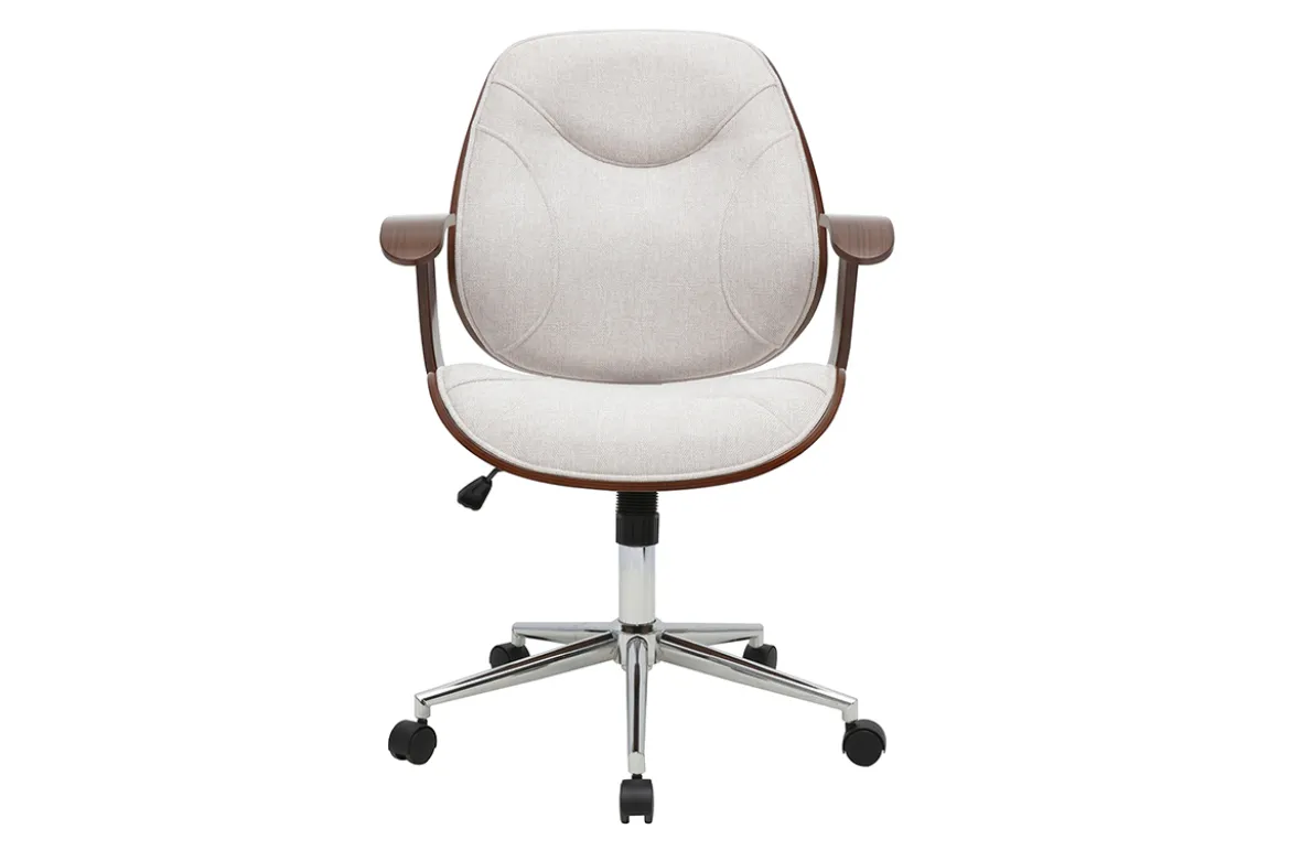 Chaise de bureau à roulettes design en tissu effet velours texturé beige, bois foncé et acier chromé YORKE