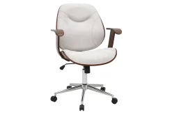 Chaise de bureau à roulettes design en tissu effet velours texturé beige, bois foncé et acier chromé YORKE