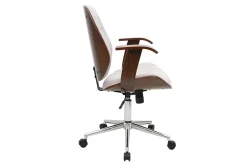 Chaise de bureau à roulettes design en tissu effet velours texturé beige, bois foncé et acier chromé YORKE