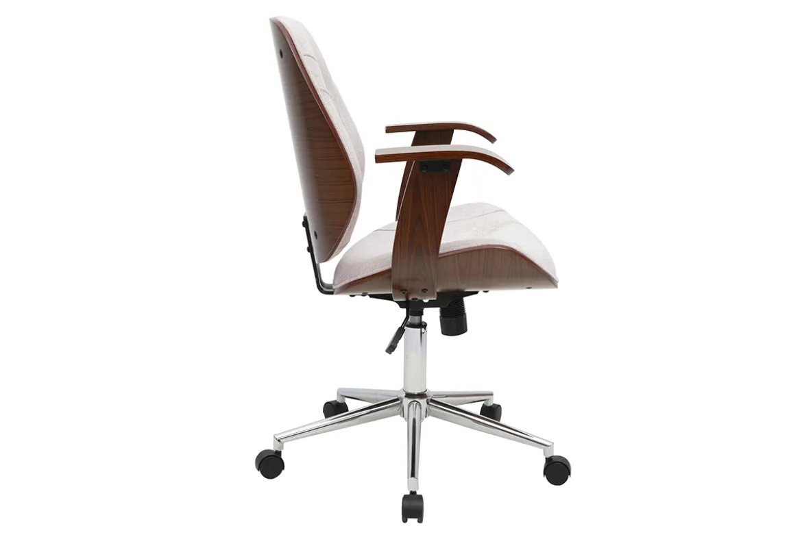 Chaise de bureau à roulettes design en tissu effet velours texturé beige, bois foncé et acier chromé YORKE